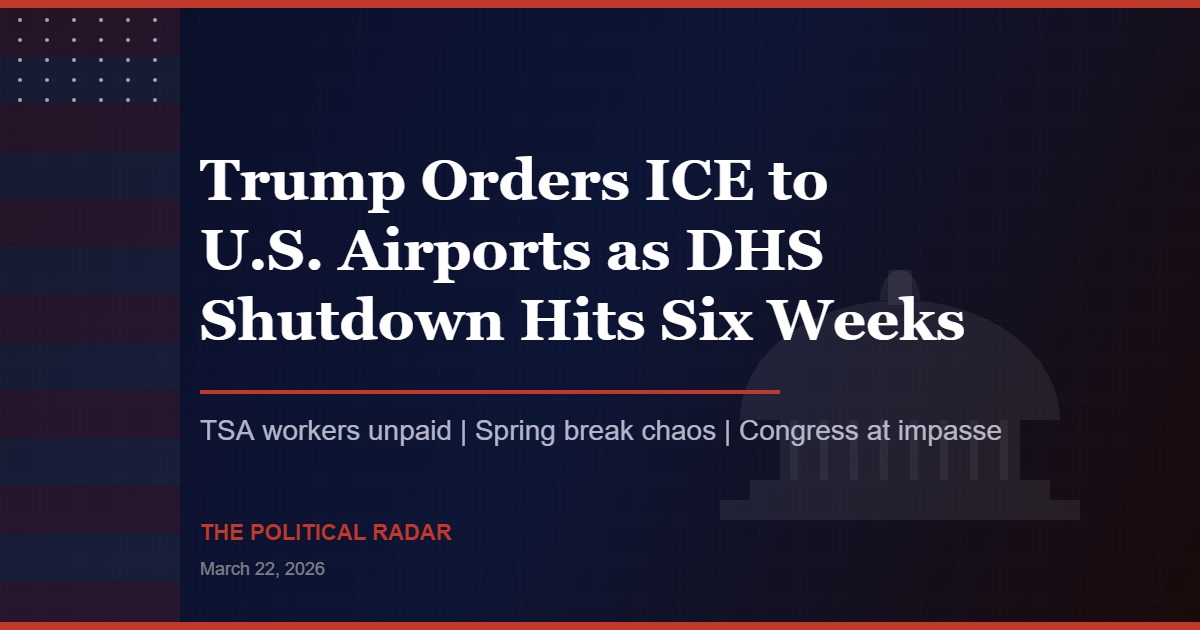 Trump Orders ICE Agents to U.S. Airports as DHS Shutdown Enters Sixth Week